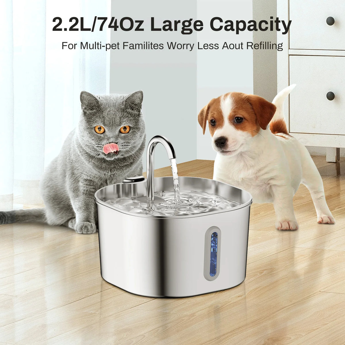 Stainless Steel Cat Water Fountain – 2.2L Filtered Pet Water Dispenser with Ultra-Quiet Pump for Cats & Dogs