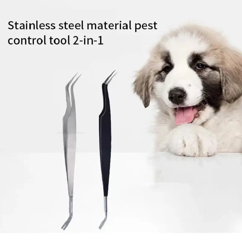 2-in-1 Tick & Flea Remover Tool for Dogs, Cats & Humans – Professional Stainless Steel Tweezers