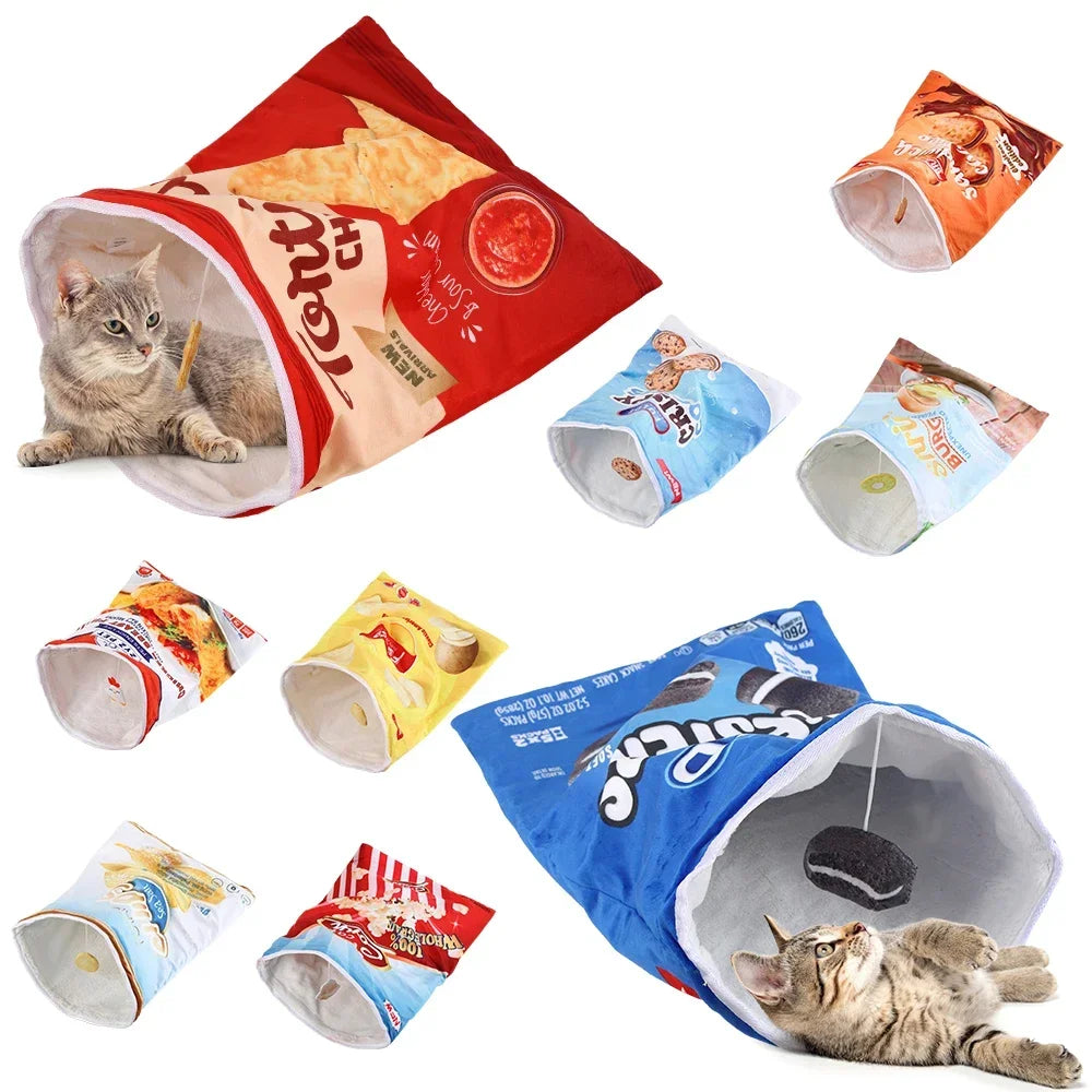Collapsible Cat Tunnel Toy – Fun Food-Themed Designs with Crinkle & Hanging Toys