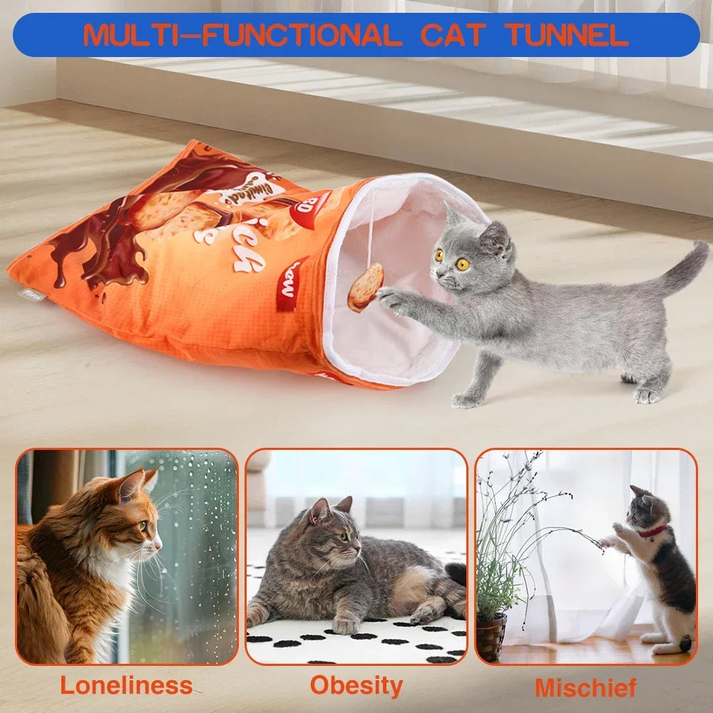 Collapsible Cat Tunnel Toy – Fun Food-Themed Designs with Crinkle & Hanging Toys